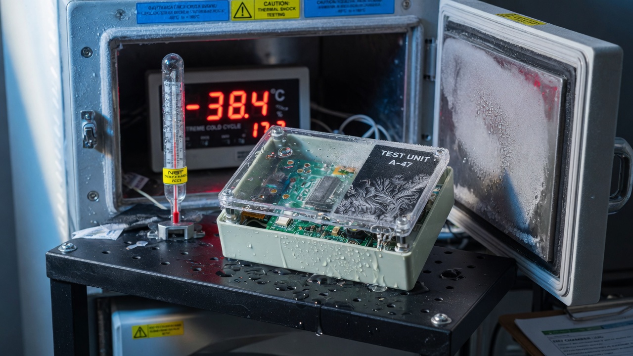 Circuit board device under environmental stress testing with frost and condensation