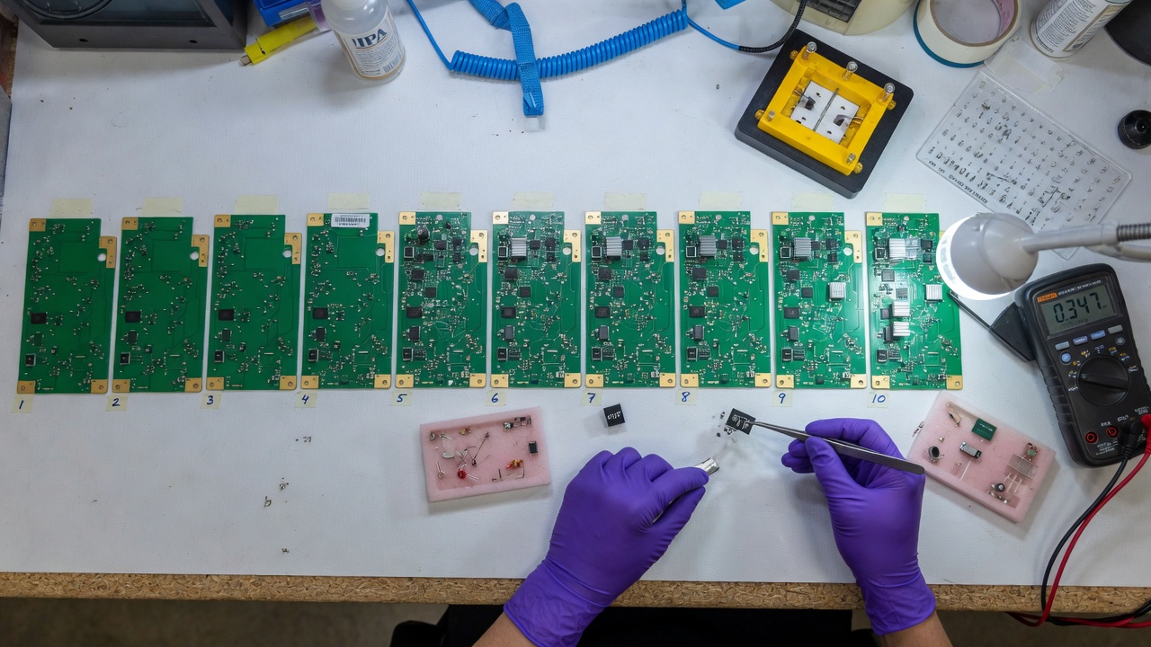 Assembly line of identical circuit boards at different stages of build