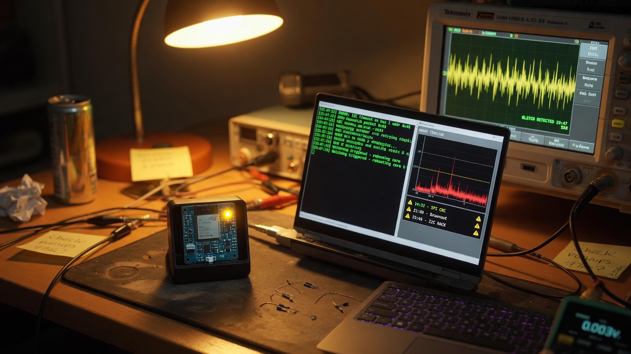 Embedded device with status LED beside laptop logs and oscilloscope