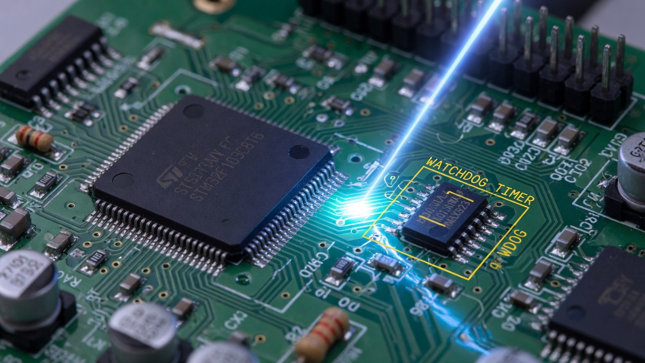 Macro of microcontroller PCB with watchdog timer circuit highlighted