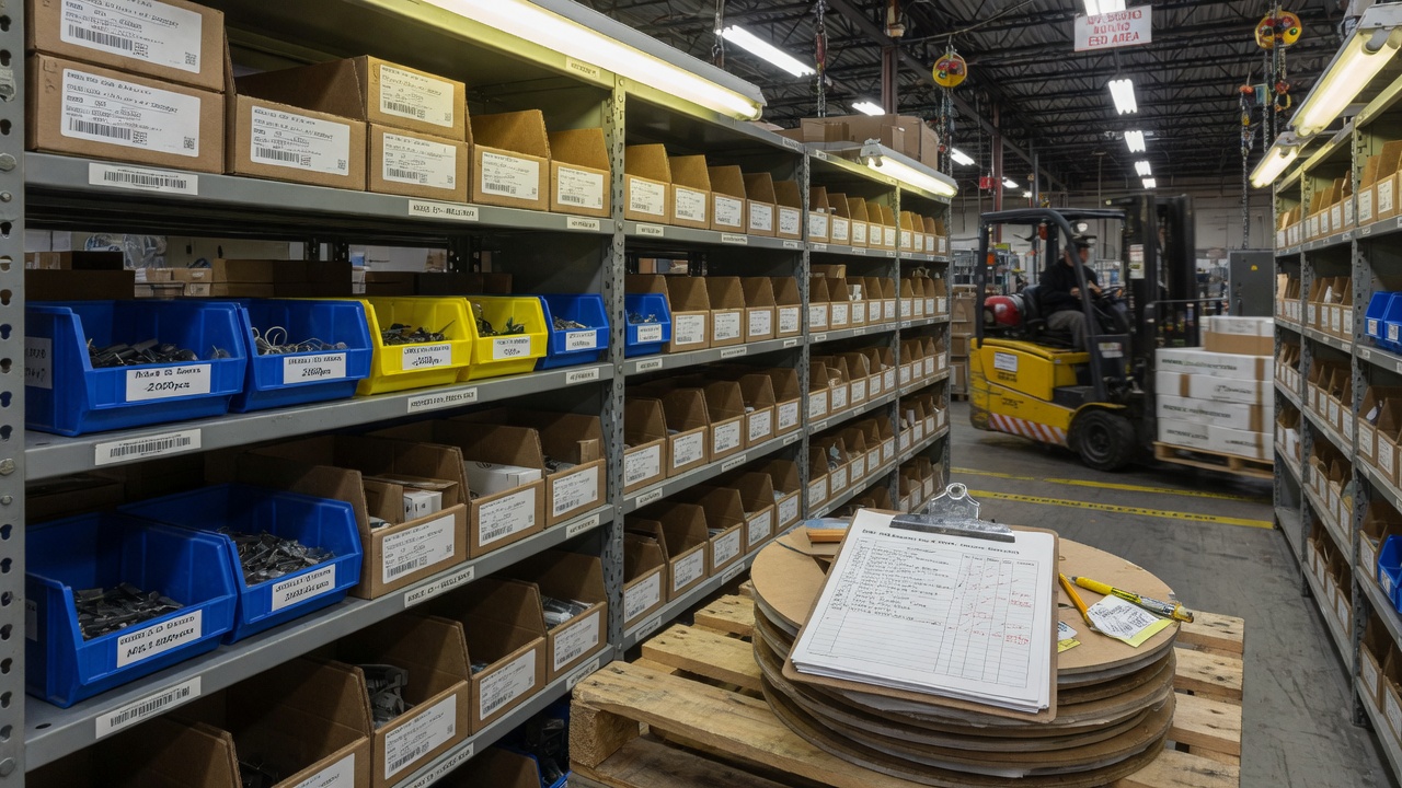 Electronics warehouse aisle with component bins and bill of materials clipboard