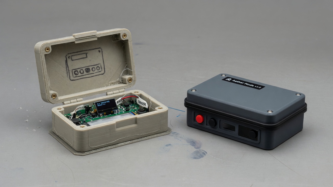 Rough 3D-printed prototype enclosure beside a finished molded product housing