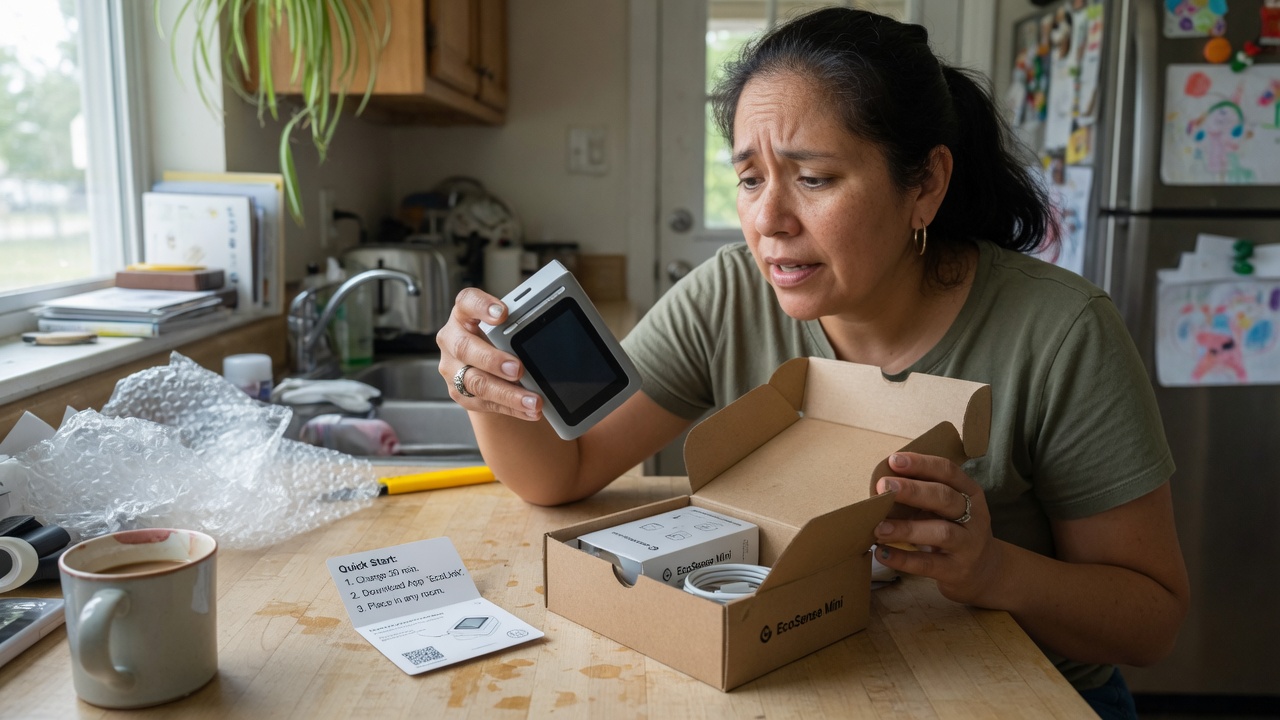Person unboxing a small consumer electronic device for the first time